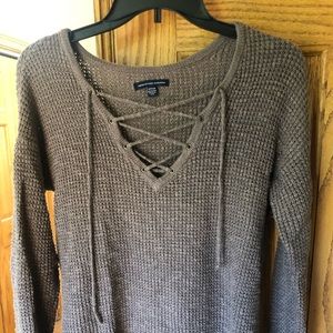 Vneck sweater with lace up neck